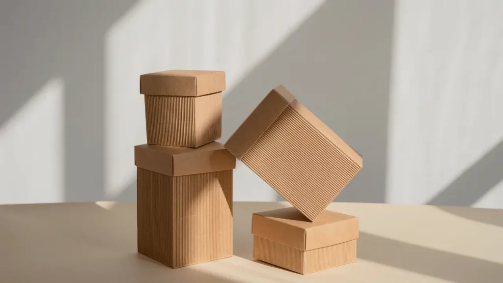 Imagem de quatro caixas de papelão no modelo minimalista, cada uma com formato diferente.